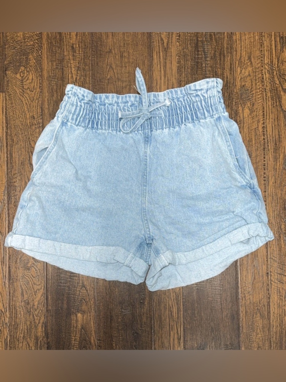 Ladies denim paper bag high waist shorts.